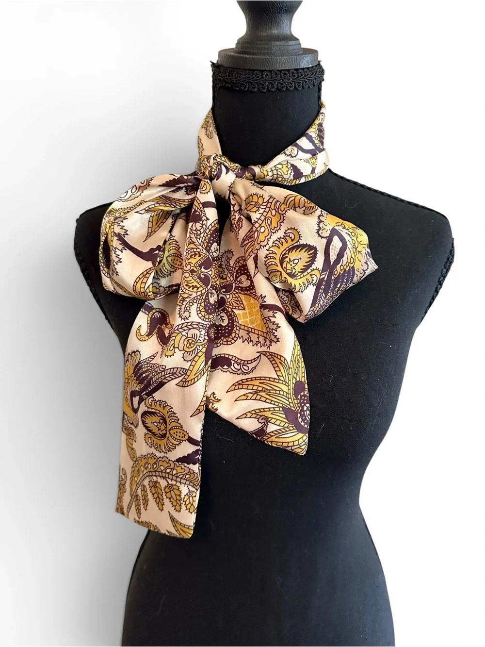 Silky Paisley Bow Neck Scarf - Cream & Gold